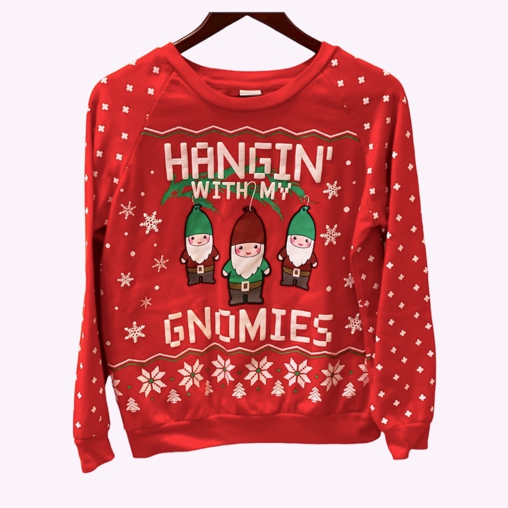 Retro Ugly Christmas Sweater Sweatshirt Hanging with my Gnomies Red White M